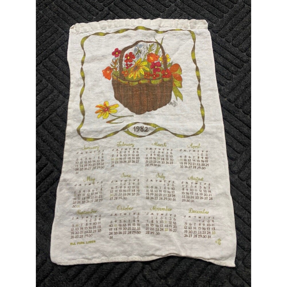 1982 Calendar Linen Tea Towel Wicker Basket Full of Flower Design